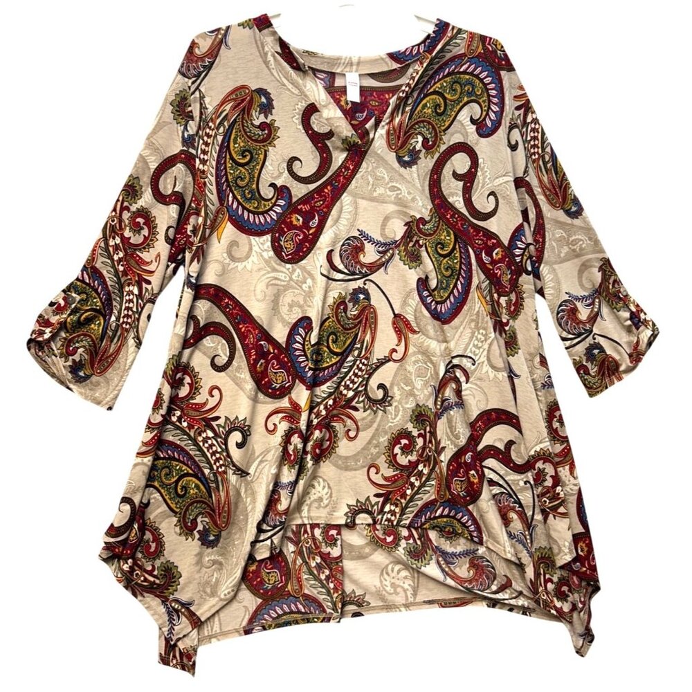 Jules & James 4XL Womens Paisley Print Tunic Top 3/4 Sleeves Handkerchief Hem
